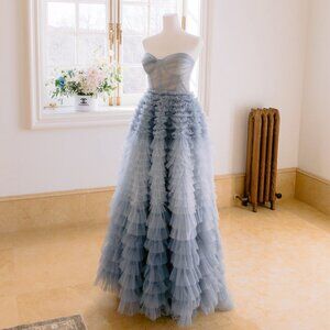 its milla blue tulle ball gown dress w/ train sleeveless corset bodice S small